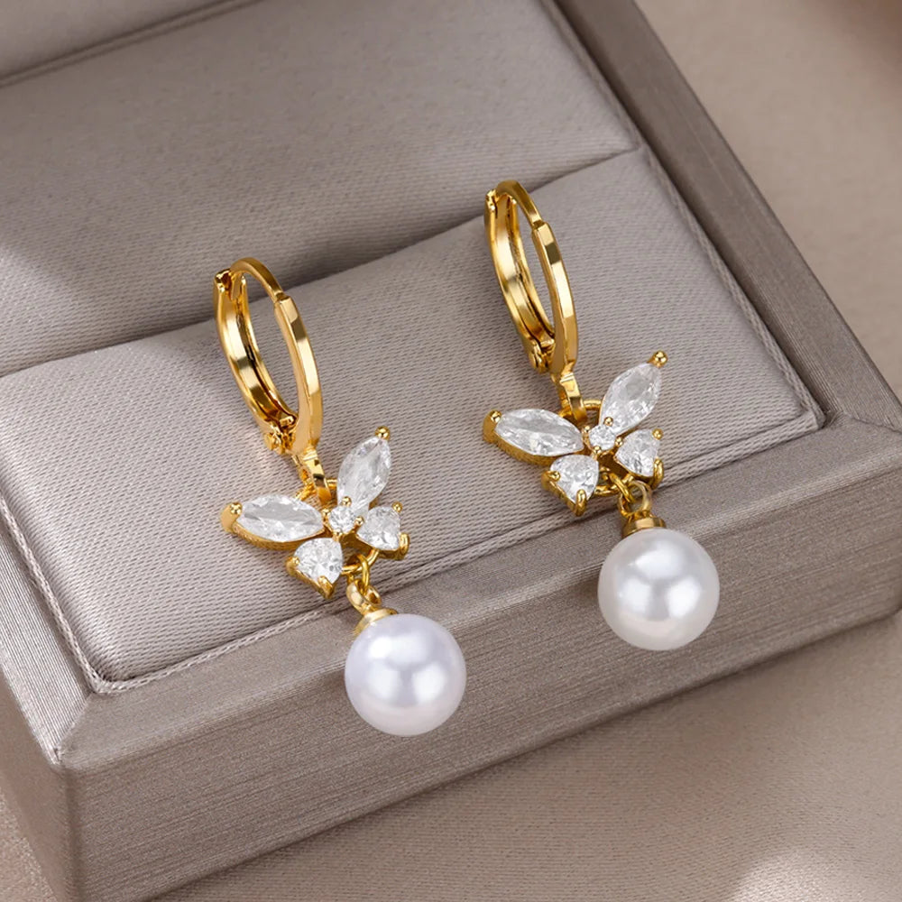 Butterfly Zircon Stainless Steel Pearl Earrings For Women Gold Plated Piercing Earring Aesthetic Luxury Jewelry Gift 2023 New