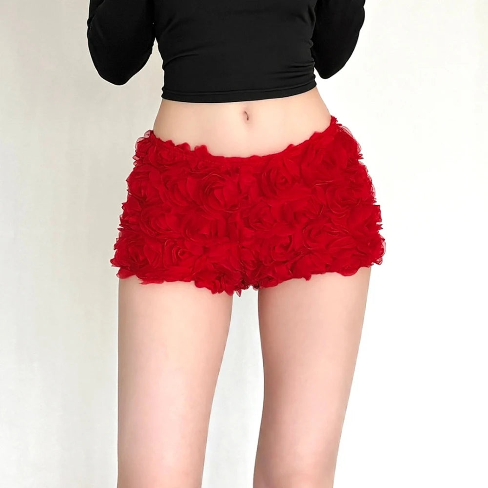 SylCue 3d Flower Decoration Mini Shorts Woman Elastic High Waist Skinny Peach Hip Sweet Girls Street Y2K Style Classic Bottoms