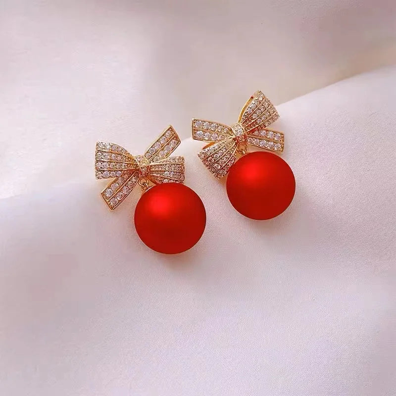 Sweet Red Pearl Rhinestone Bow Stud Earrings Temperament Light Luxury Jewelry For Women Christmas Fashion Gifts