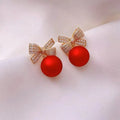 Sweet Red Pearl Rhinestone Bow Stud Earrings Temperament Light Luxury Jewelry For Women Christmas Fashion Gifts