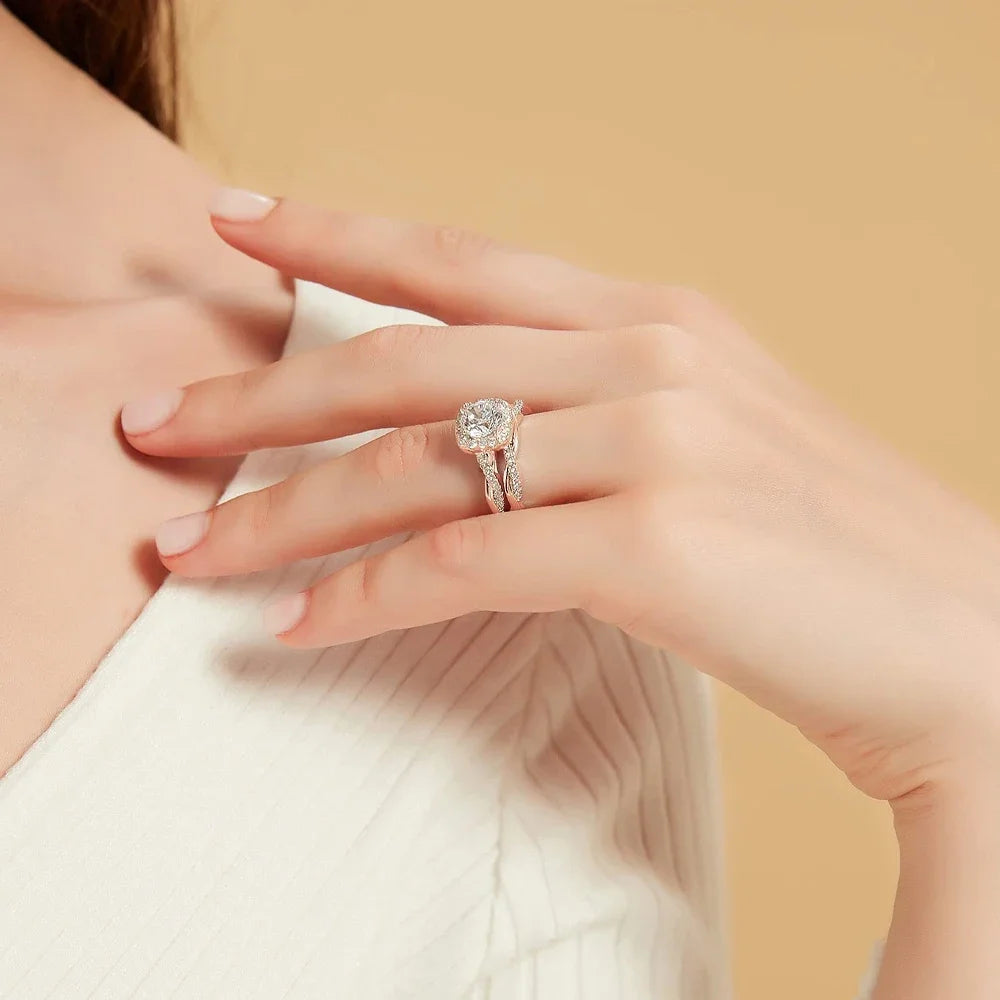 Trumium 1.2ct Wedding Rings for Women Bridal Sets Round Cut Cubic Zirconia Halo CZ Engagement Rings Twisting Infinity Pave Set