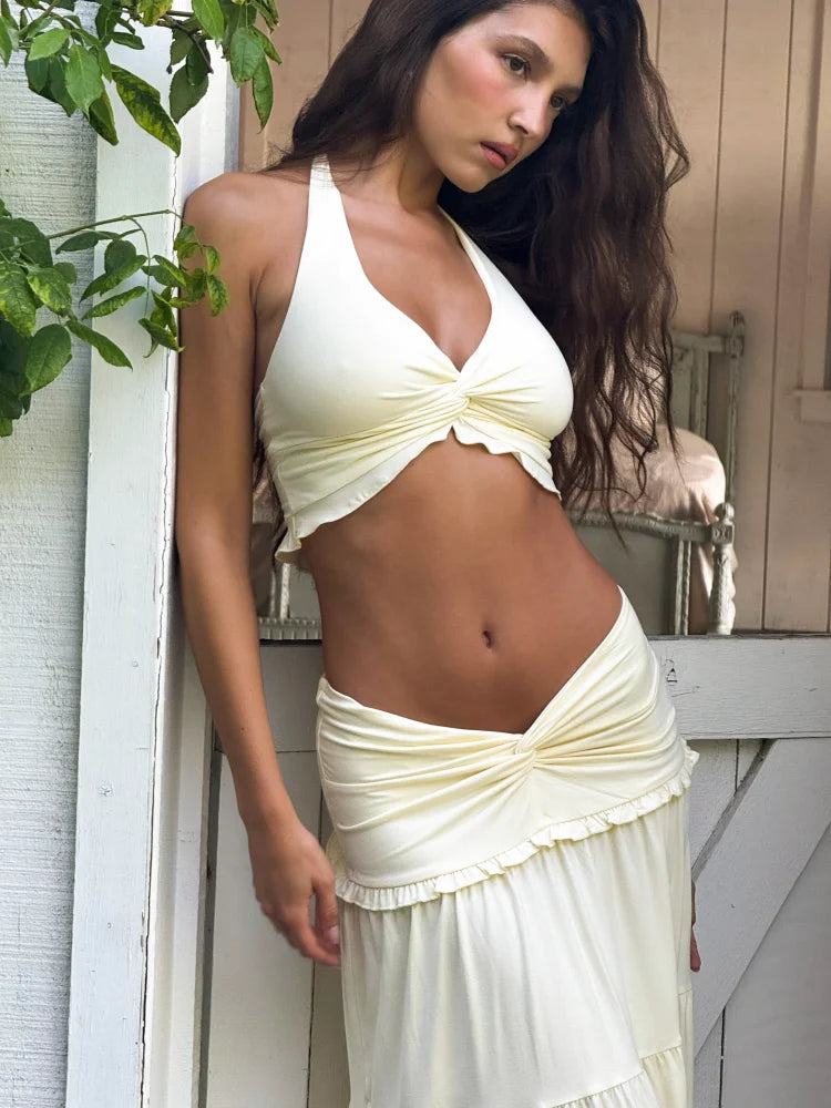 Sexy Party Top Skirt Sets  V Neck Pleated Hem Halter Vest Low Waist Slim Fit Long Skirt 2026 New Lady Beach Dresses