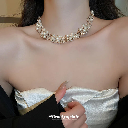 2 Pcs Imitation Pearl Rectangular Rhinestones Necklaces Stud Earrings for Women French Retro Chokers Light Luxury Jewelry Sets