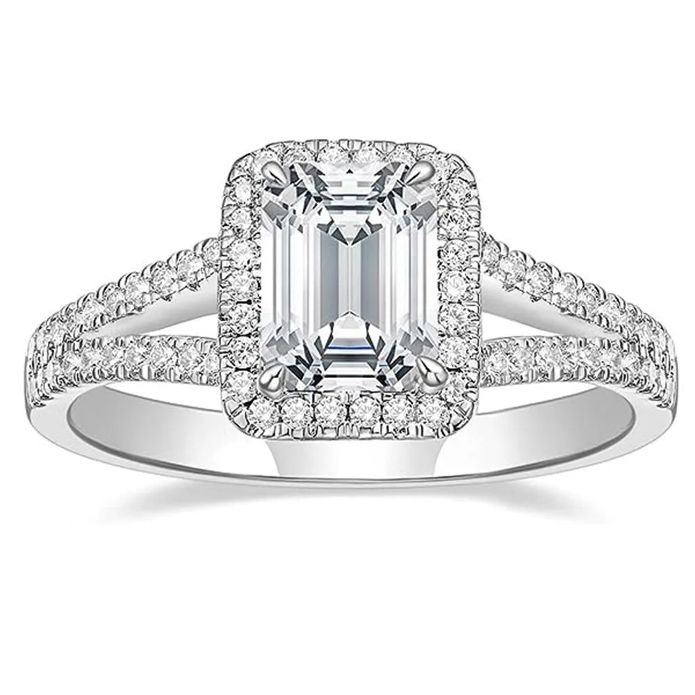 Trumium 2CT Engagement Rings for Women Emerald Cut 5a Cubic Zirconia Wedding Band Curved Halo Promise Ring Eternity Jewelry