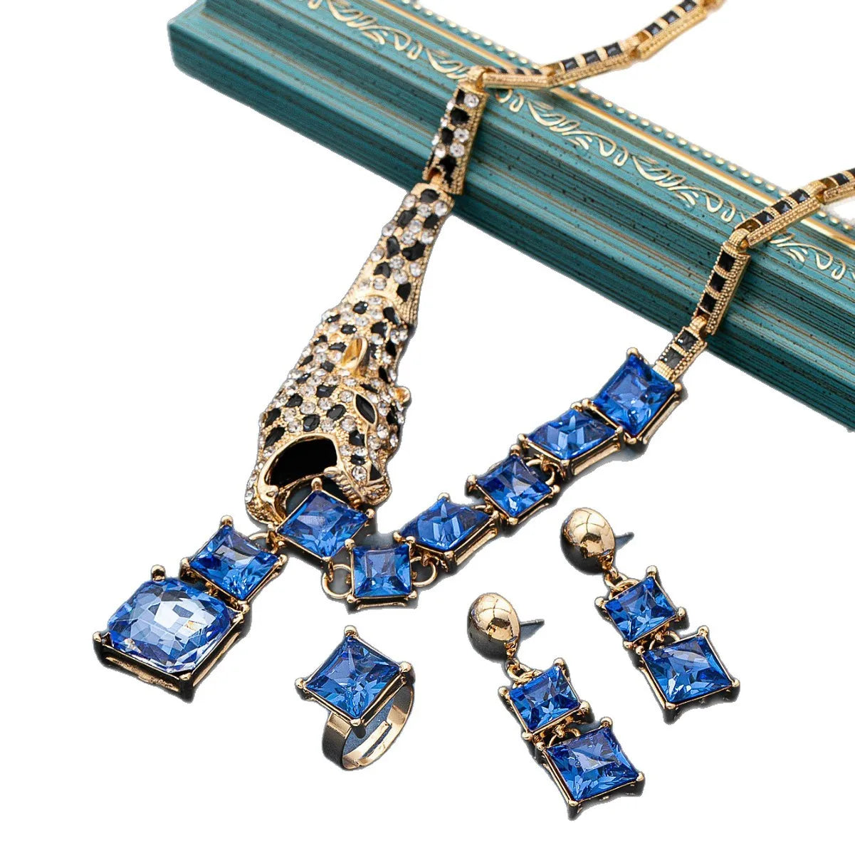New European American Jewelry Set Leopard Head Geometric Patchwork Necklace Earrings Ring Women Elegant Temperament M811
