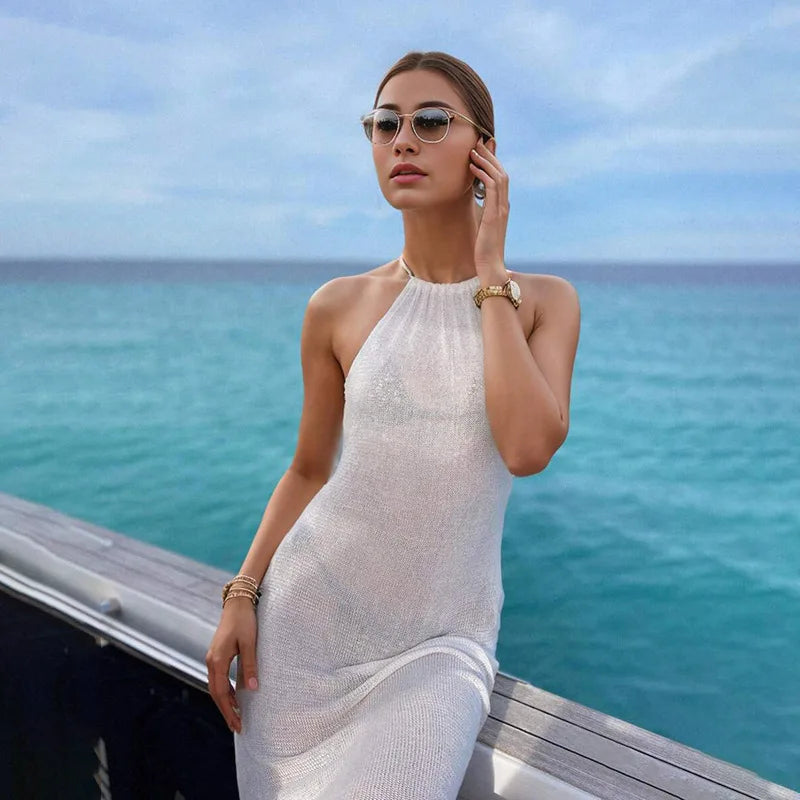 Women Cover Ups Sexy Hollow Out Dresses Spliced Sleeveless Split Long Dress Swimwears Sling Backless Knit Y2k Summer Beach