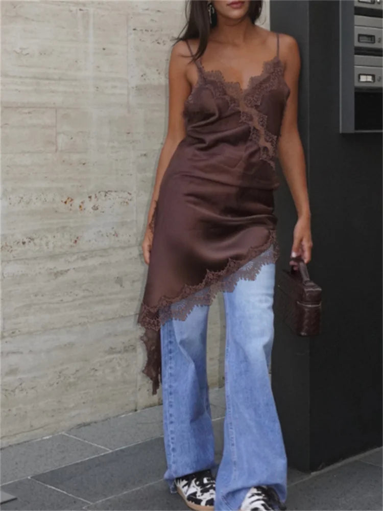 Satin Sexy Lace Spliced Short Sling Dress Women Sleeveless Backless Asymmetric Sexy Party Dresses 2025 Summer Lady Dress ﻿