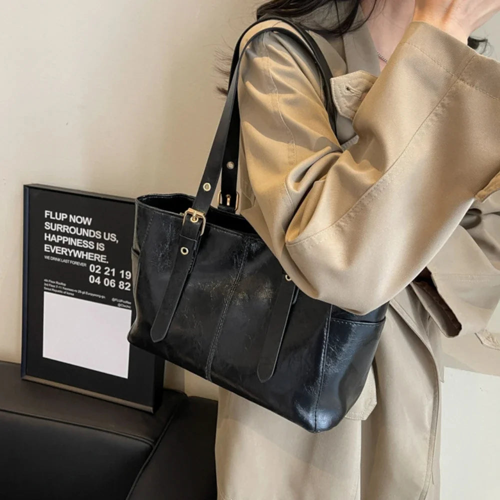 Fashion Retro Women PU Leather Trend High End Lady Tote Bag Large Capacity Female's Commuter Bag Handbag Purses