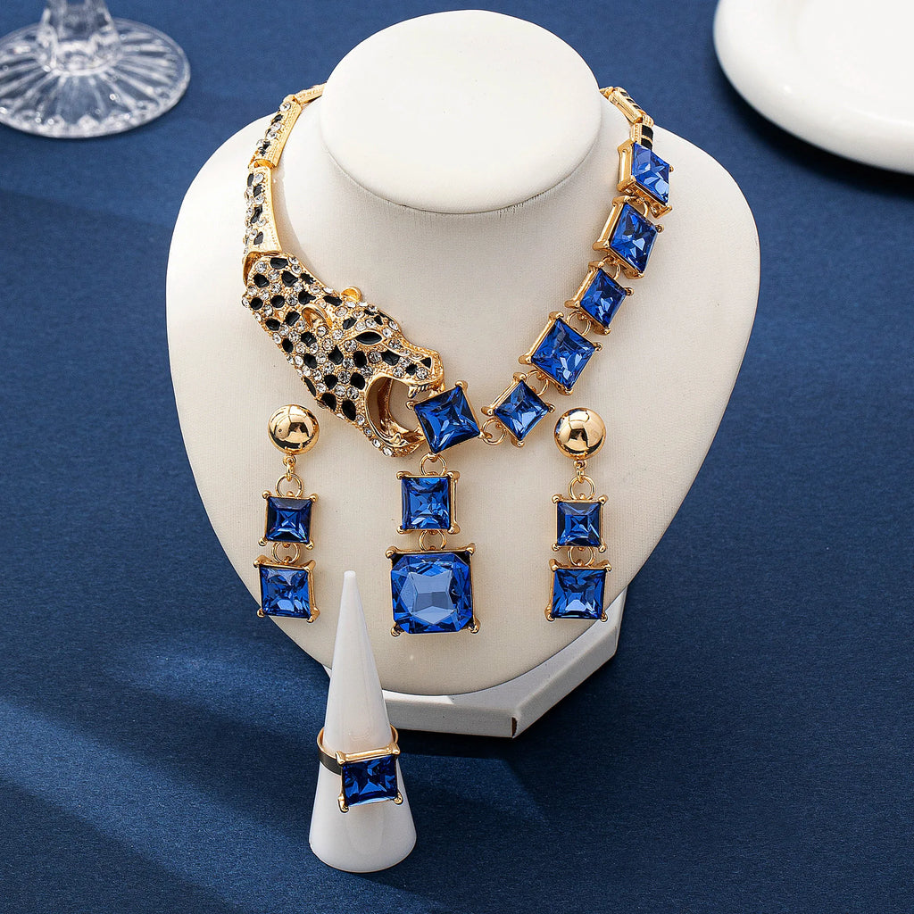 New European American Jewelry Set Leopard Head Geometric Patchwork Necklace Earrings Ring Women Elegant Temperament M811