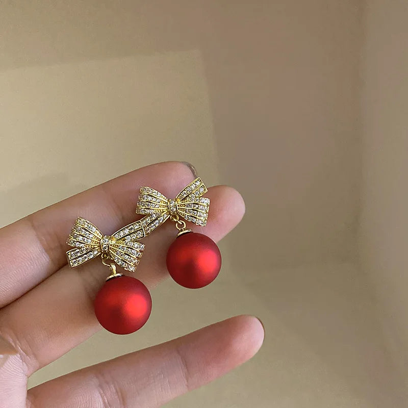 New Fashion Korean Crystal Bow Drop Earrings White Red Round Imitation Pearl Dangle Earrings for Women Elegant Party Jewelry