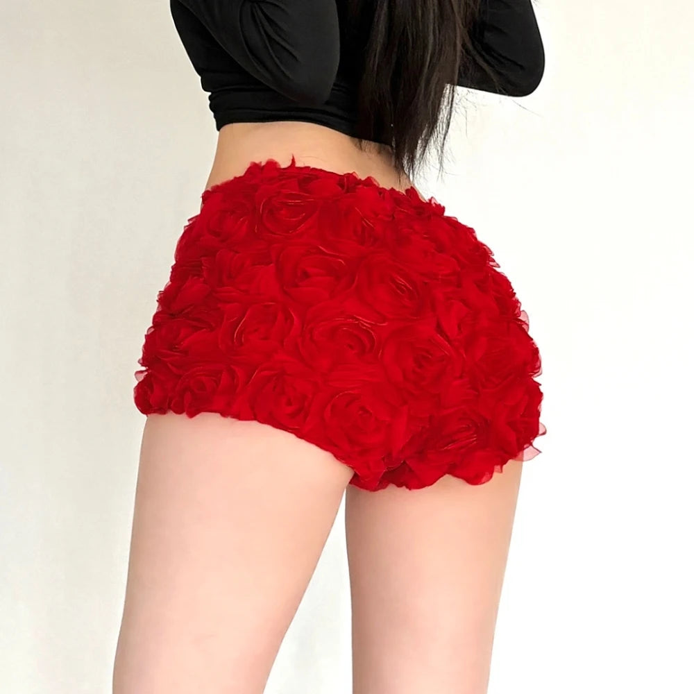SylCue 3d Flower Decoration Mini Shorts Woman Elastic High Waist Skinny Peach Hip Sweet Girls Street Y2K Style Classic Bottoms