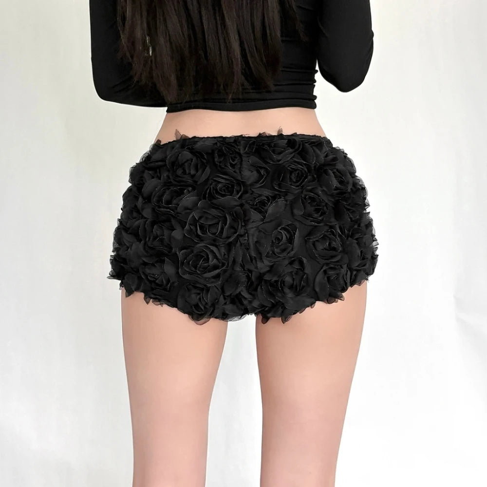 SylCue 3d Flower Decoration Mini Shorts Woman Elastic High Waist Skinny Peach Hip Sweet Girls Street Y2K Style Classic Bottoms