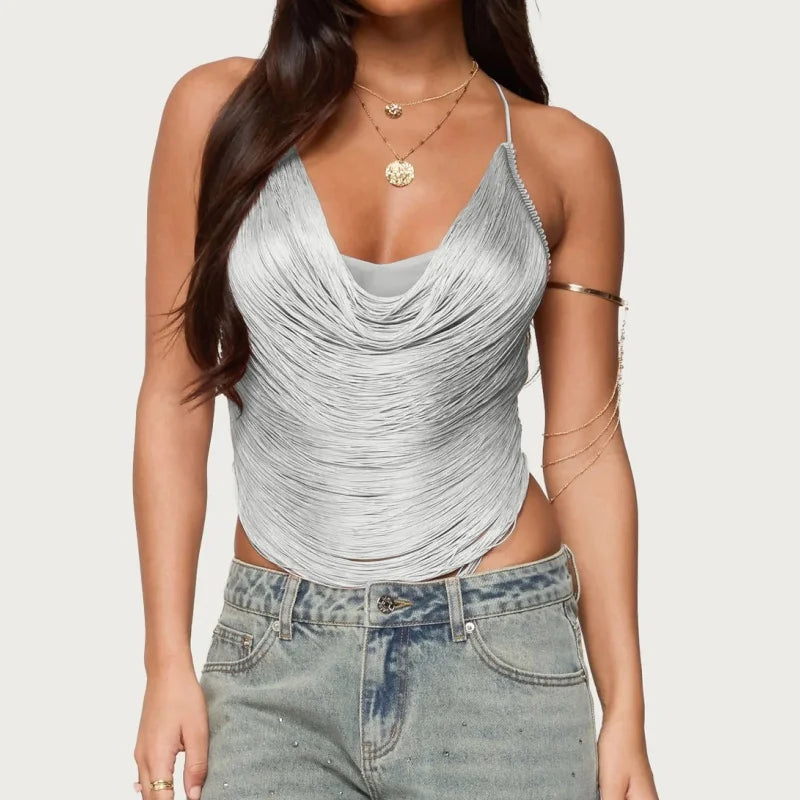 Fringe Trim Halter Top Sexy Sleeveless Backless Asymmetrical Hem Tassel Cropped Party Tank Tops