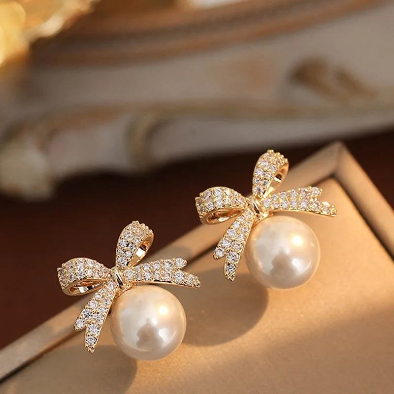 Sweet Red Pearl Rhinestone Bow Stud Earrings Temperament Light Luxury Jewelry For Women Christmas Fashion Gifts