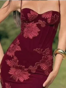 Mozision Spaghetti Strap Backless Sexy Maxi Dress Women Gown Floral Ribbon Applique Sleeveless Bodycon Evening Club Party Dress