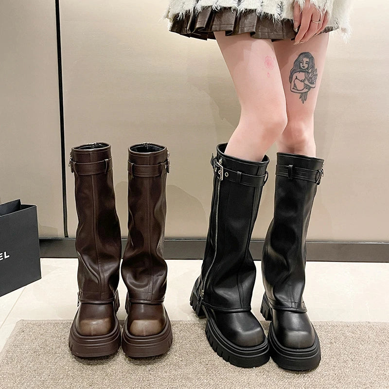 Biker Boots Fashion Belt Buckle Ladies Elegant Platform Long Pipe Booties Casual Women's Knee High Booties2024