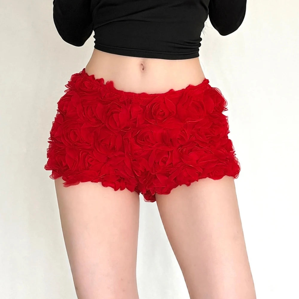 SylCue 3d Flower Decoration Mini Shorts Woman Elastic High Waist Skinny Peach Hip Sweet Girls Street Y2K Style Classic Bottoms