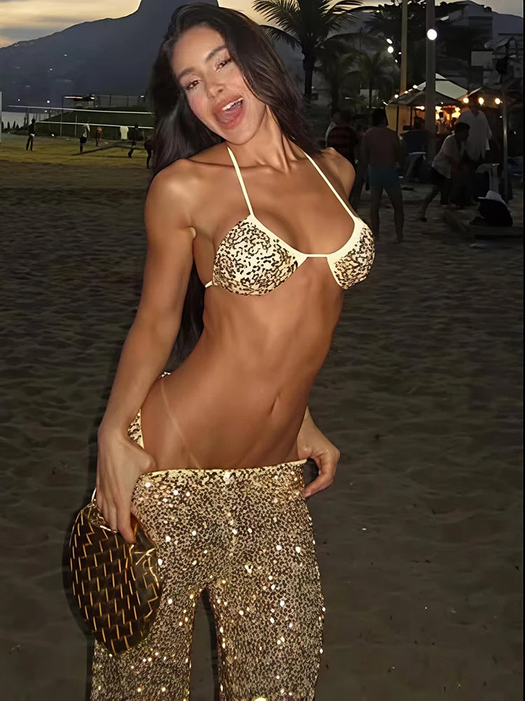 Mozision Glitter Sequin Pants Set Women Summer Fashion Bikini Tops And Trouser Matching Sets Female Beach Club Party Pants Set