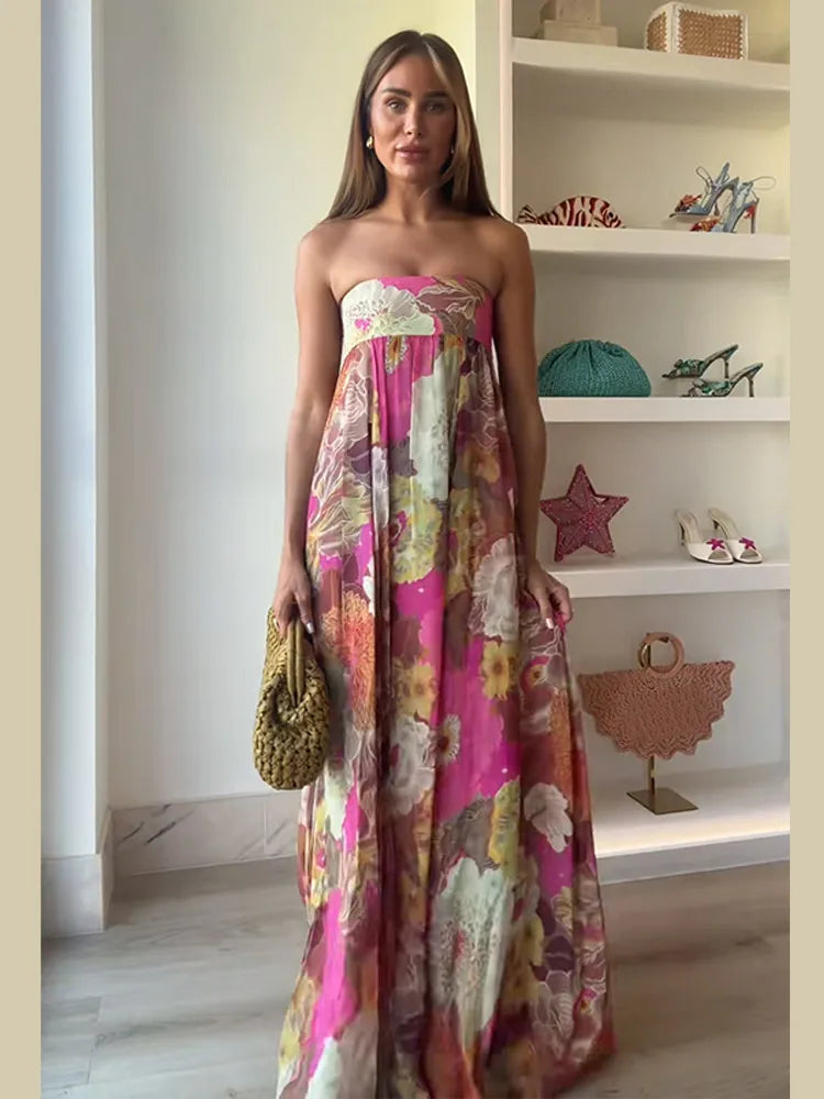 Elegant Floral Print Tube Long Dress Women's Fashion Slim Sleeveless Backless Pleated A-line Dresses 2026 Evening Party Gowns