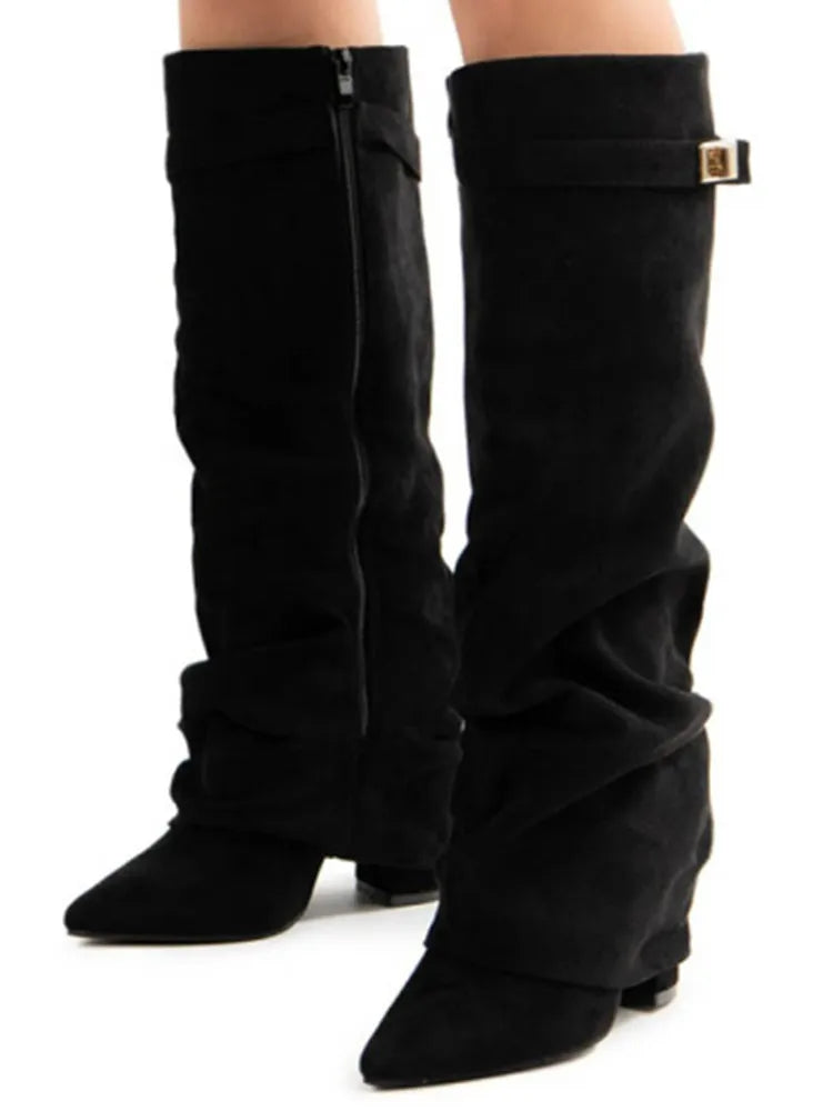 New Pointed Metal Buckle Knee High Women's Boots, Thick High-heeled Pants Boots, Fashionable Mid Leg Boots