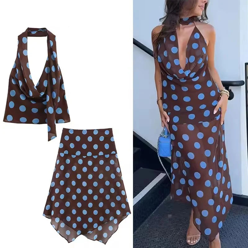 Polka Dot Printed Midi Skirts Two Piece Sets for Women 2025 Summer Chic Scarf Halter Top Suits Beach Woman 2 Piece Outfits