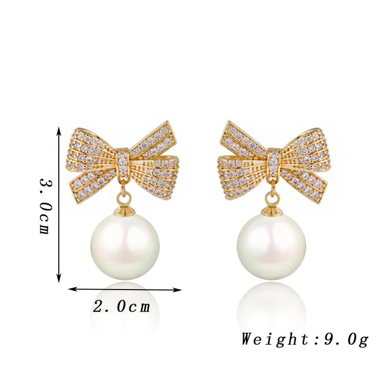 New Fashion Korean Crystal Bow Drop Earrings White Red Round Imitation Pearl Dangle Earrings for Women Elegant Party Jewelry