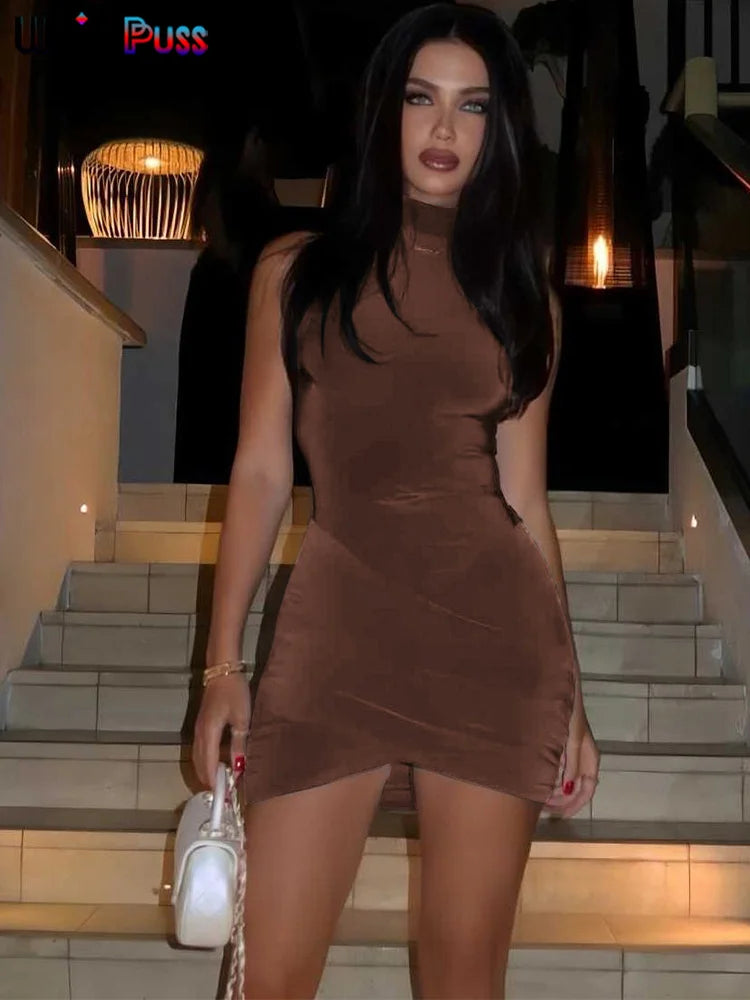 Ruffles Mini Dress Woman Summer Sexy Solid Half High Collar Sleeveless Trend Chic Party Clubwear Skinny Bodycon