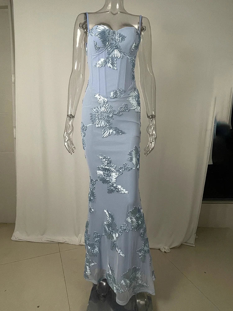 Mozision Spaghetti Strap Backless Sexy Maxi Dress Women Gown Floral Ribbon Applique Sleeveless Bodycon Evening Club Party Dress