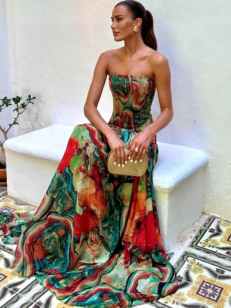 Elegant Floral Print Tube Long Dress Women's Fashion Slim Sleeveless Backless Pleated A-line Dresses 2026 Evening Party Gowns