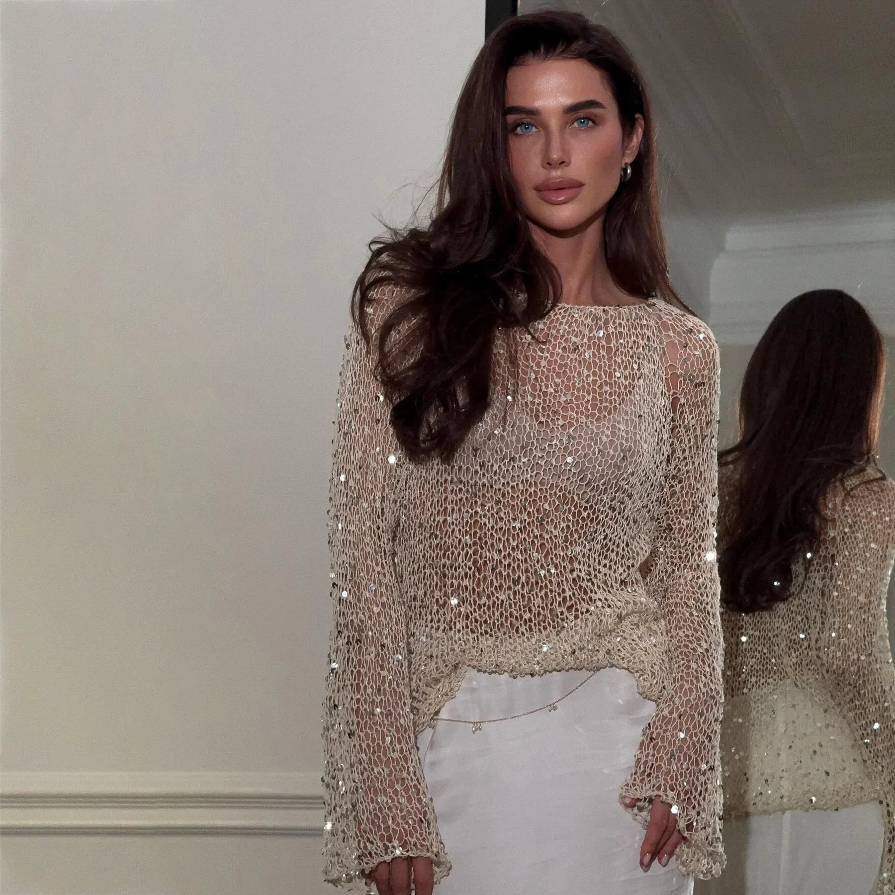 Sequin Knitted Hollow Out Sweater for Women Elegant O-neck Loose Long Sleeve Knitting Top Fashion Spring Female Chic Pullover