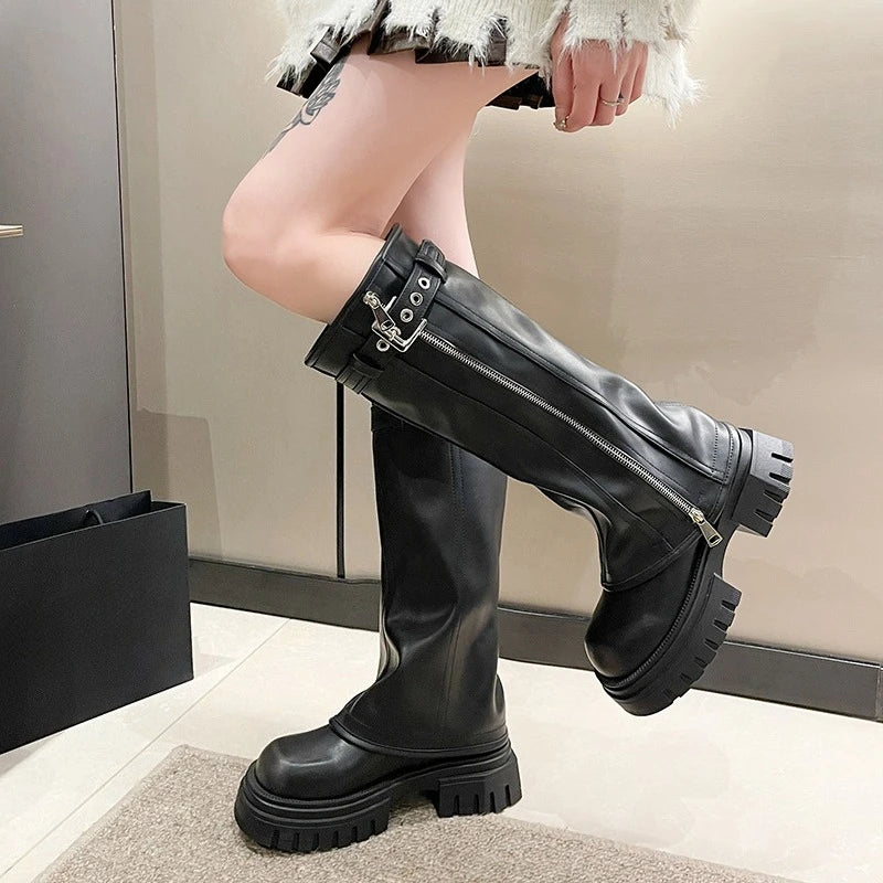 Biker Boots Fashion Belt Buckle Ladies Elegant Platform Long Pipe Booties Casual Women's Knee High Booties2024