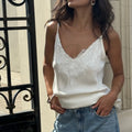 Lace Trim Satin Cami Tops for Women Solid Color V Neck Camisole Going Out Spaghetti Straps Sleeveless Tank Tops