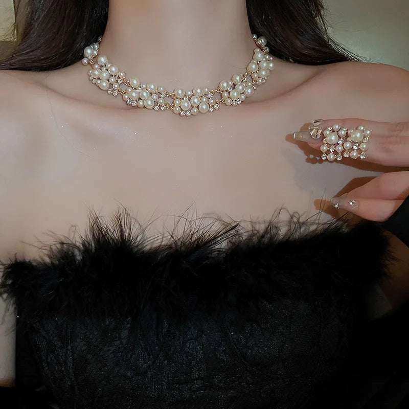 2 Pcs Imitation Pearl Rectangular Rhinestones Necklaces Stud Earrings for Women French Retro Chokers Light Luxury Jewelry Sets