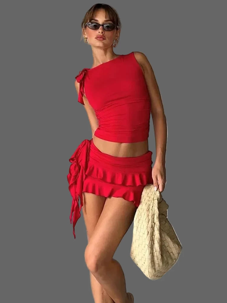 2Piece Set Double-Deck Pleated Tassel Mini Skirt+Bandage Slim Tank Top Festival Party Sexy Matching Outfits