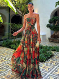 Elegant Floral Print Tube Long Dress Women's Fashion Slim Sleeveless Backless Pleated A-line Dresses 2026 Evening Party Gowns