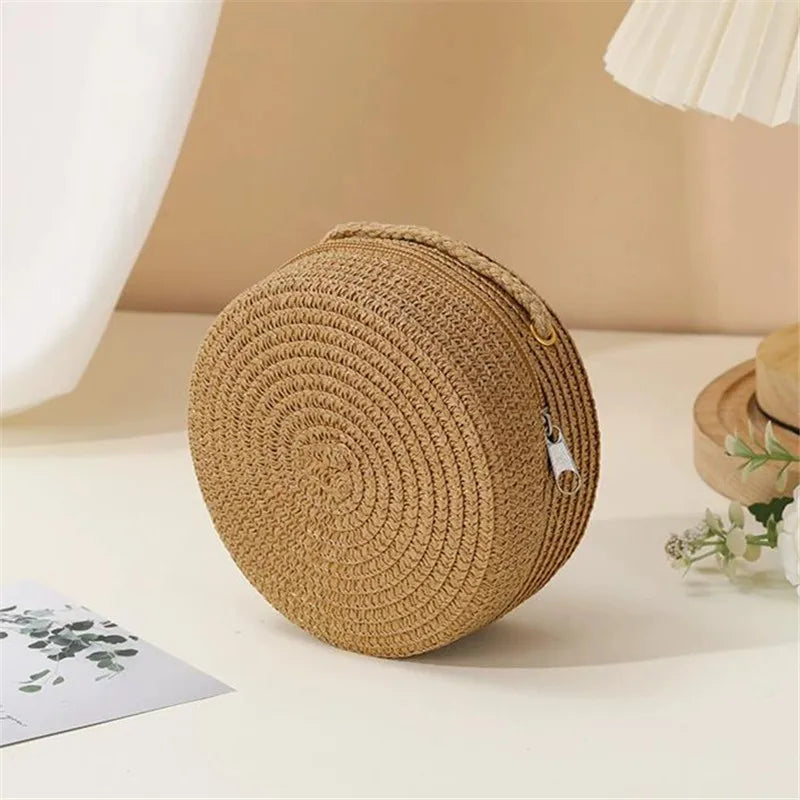 Woven Straw Handwoven Women's Shoulder Bag, Fashion Solid Color Crossbody Purse with Lock Closure