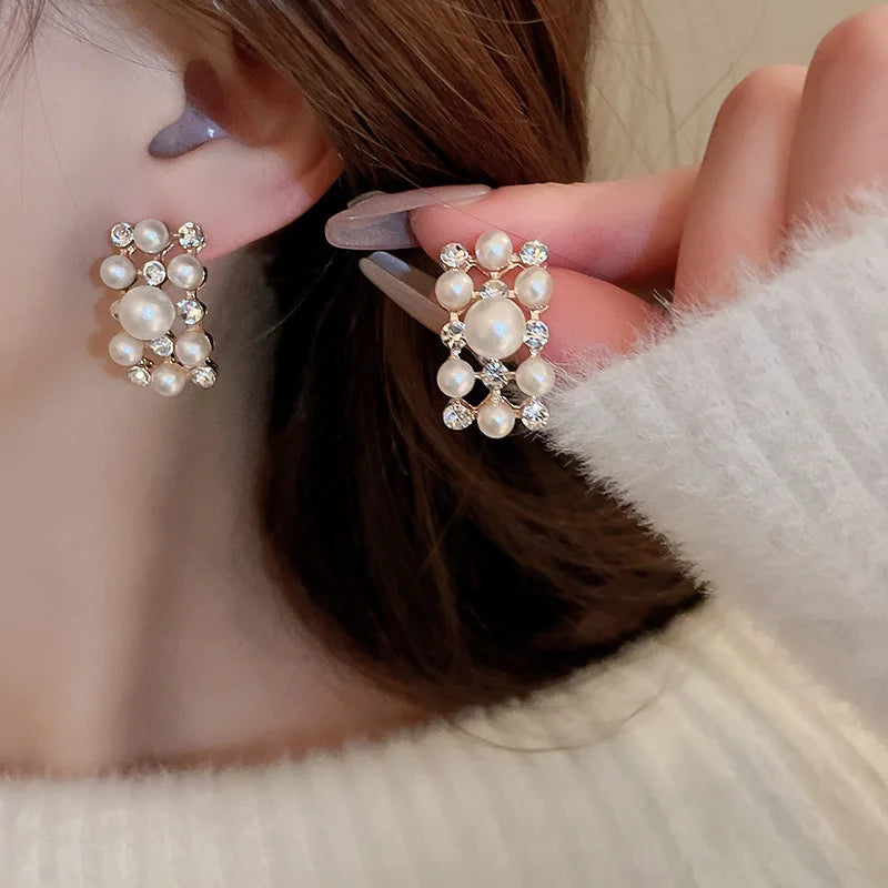 2 Pcs Imitation Pearl Rectangular Rhinestones Necklaces Stud Earrings for Women French Retro Chokers Light Luxury Jewelry Sets