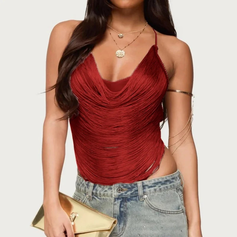 Fringe Trim Halter Top Sexy Sleeveless Backless Asymmetrical Hem Tassel Cropped Party Tank Tops