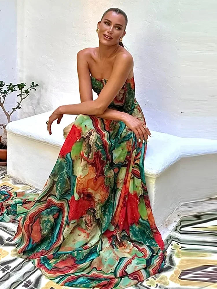 Elegant Floral Print Tube Long Dress Women's Fashion Slim Sleeveless Backless Pleated A-line Dresses 2026 Evening Party Gowns