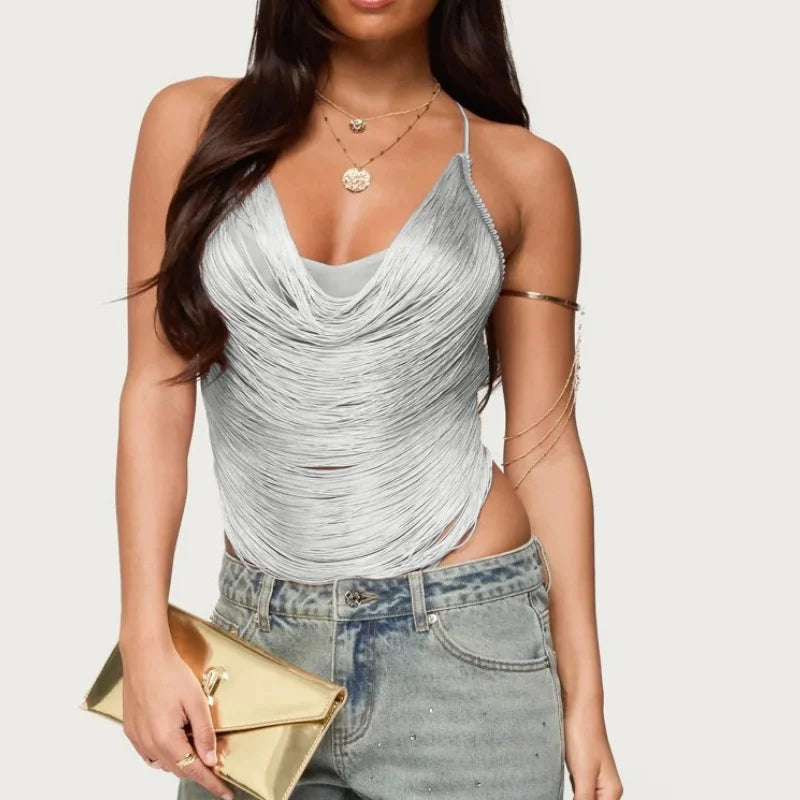 Fringe Trim Halter Top Sexy Sleeveless Backless Asymmetrical Hem Tassel Cropped Party Tank Tops