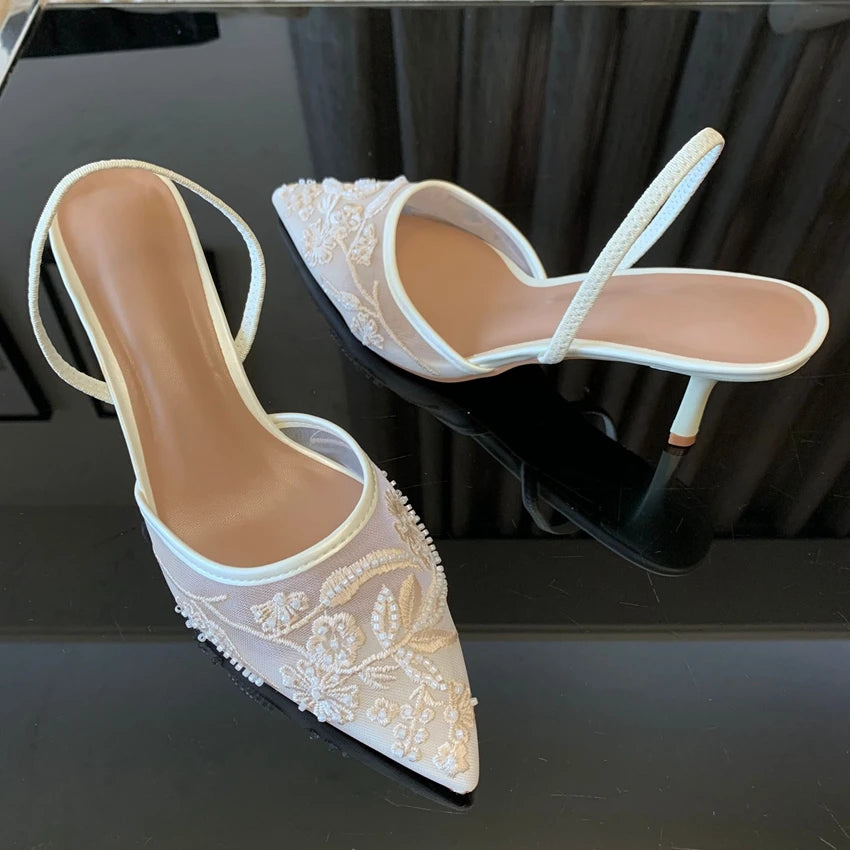 Designer White Women Pumps Mesh Embroidered Flowers Back Strap Sexy Slingback High Heels Dress Wedding Shoes for Ladies