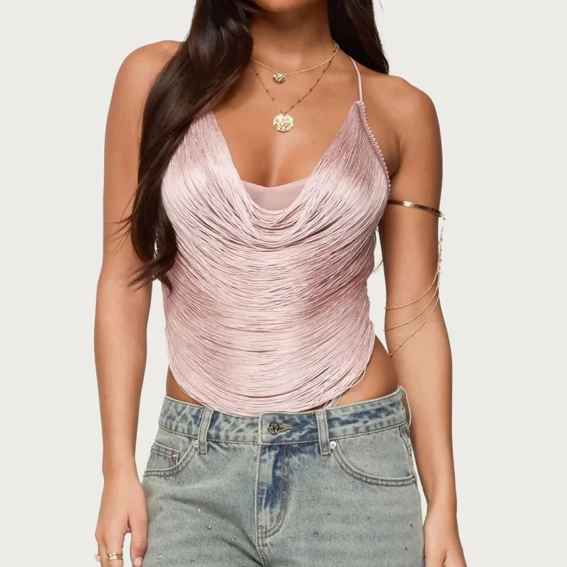 Fringe Trim Halter Top Sexy Sleeveless Backless Asymmetrical Hem Tassel Cropped Party Tank Tops