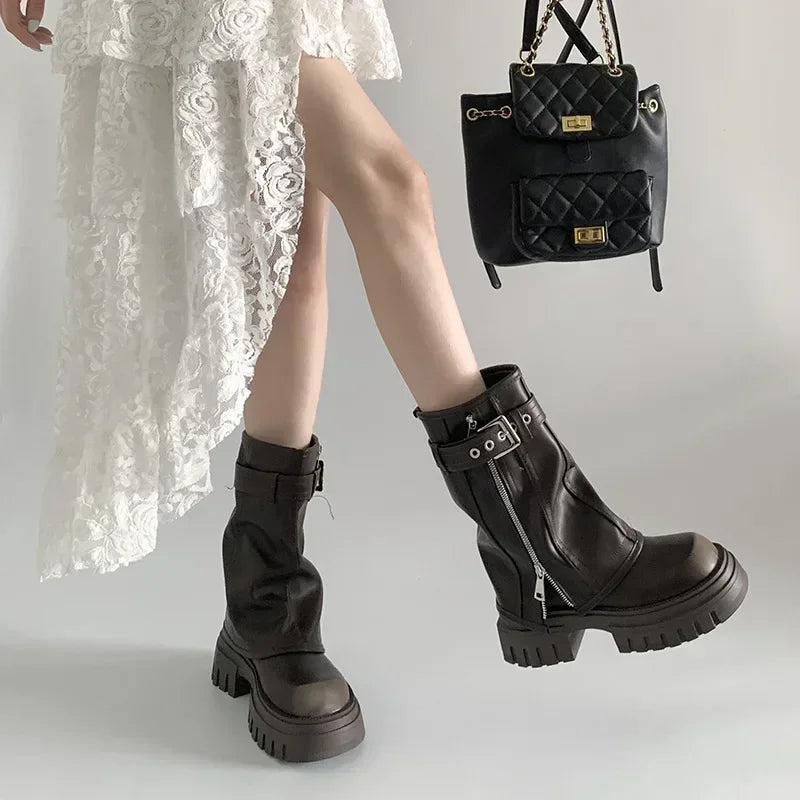 Biker Boots Fashion Belt Buckle Ladies Elegant Platform Long Pipe Booties Casual Women's Knee High Booties2024