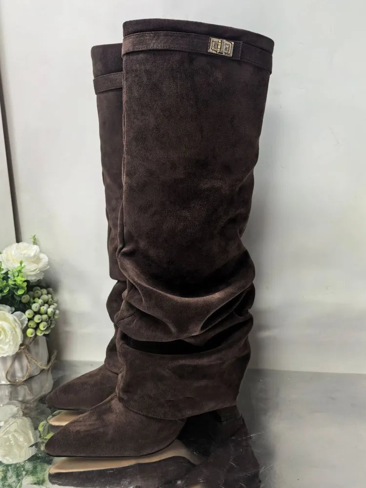 Autumn and Winter New Pointed Metal Buckle Knee High Women's Boots, Thick High-heeled Pants Boots, Fashionable Mid Leg Boots