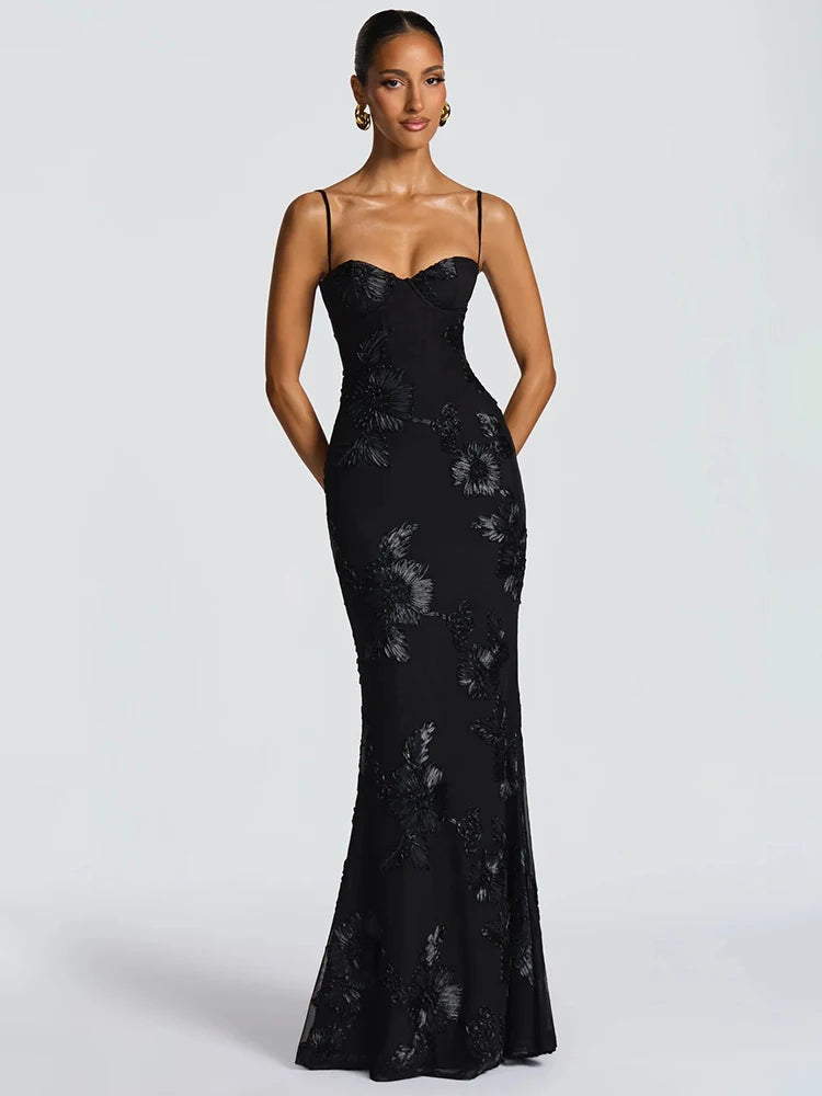 Mozision Spaghetti Strap Backless Sexy Maxi Dress Women Gown Floral Ribbon Applique Sleeveless Bodycon Evening Club Party Dress