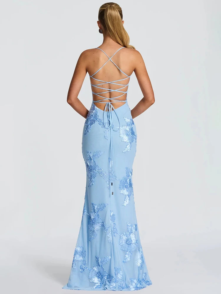Mozision Spaghetti Strap Backless Sexy Maxi Dress Women Gown Floral Ribbon Applique Sleeveless Bodycon Evening Club Party Dress