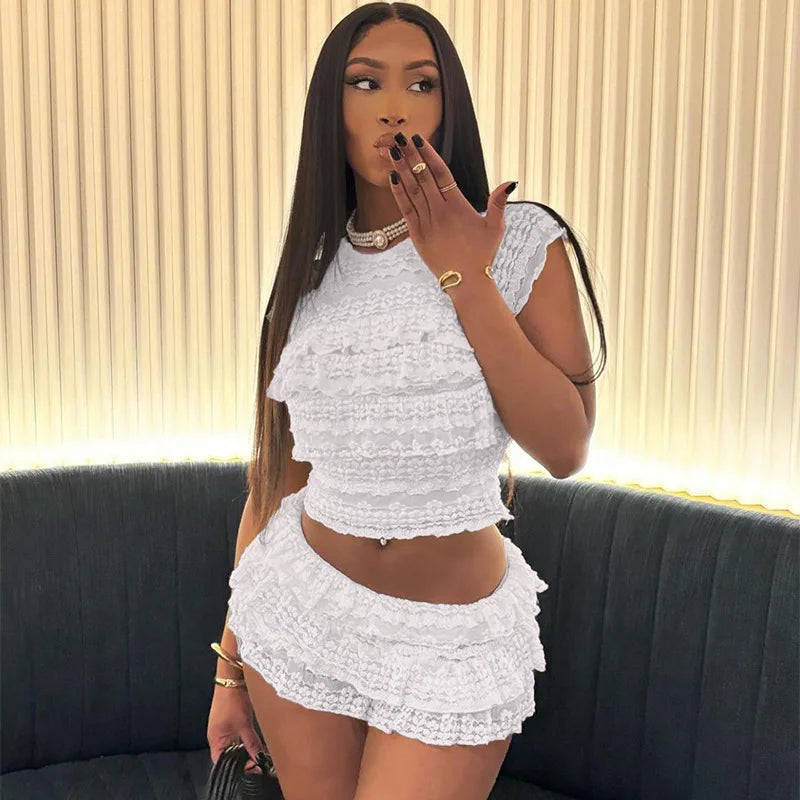 Sexy Tierred Women 2Piece Set Summer Elegant Thin Ruffles Tnak Top+Shorts Skirts Midnight Concert Party Matching Suit