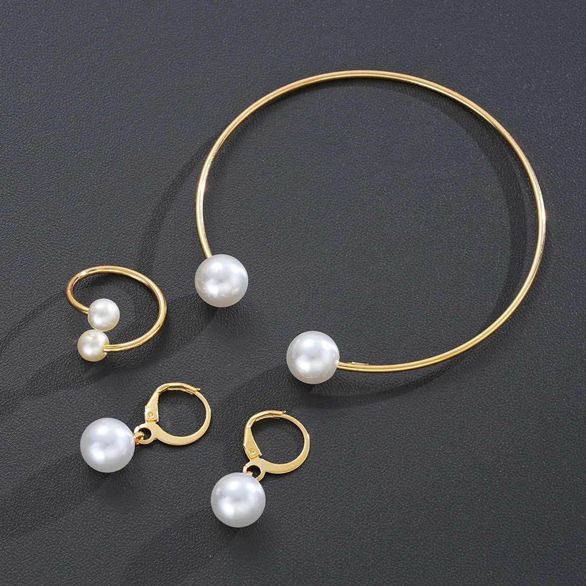 4Pcs/Set Simple Pearl Earrings Ring Bangle for Women Vintage Exquisite Gold Color Jewelry Set Female Wedding Party Jewelry Gifts