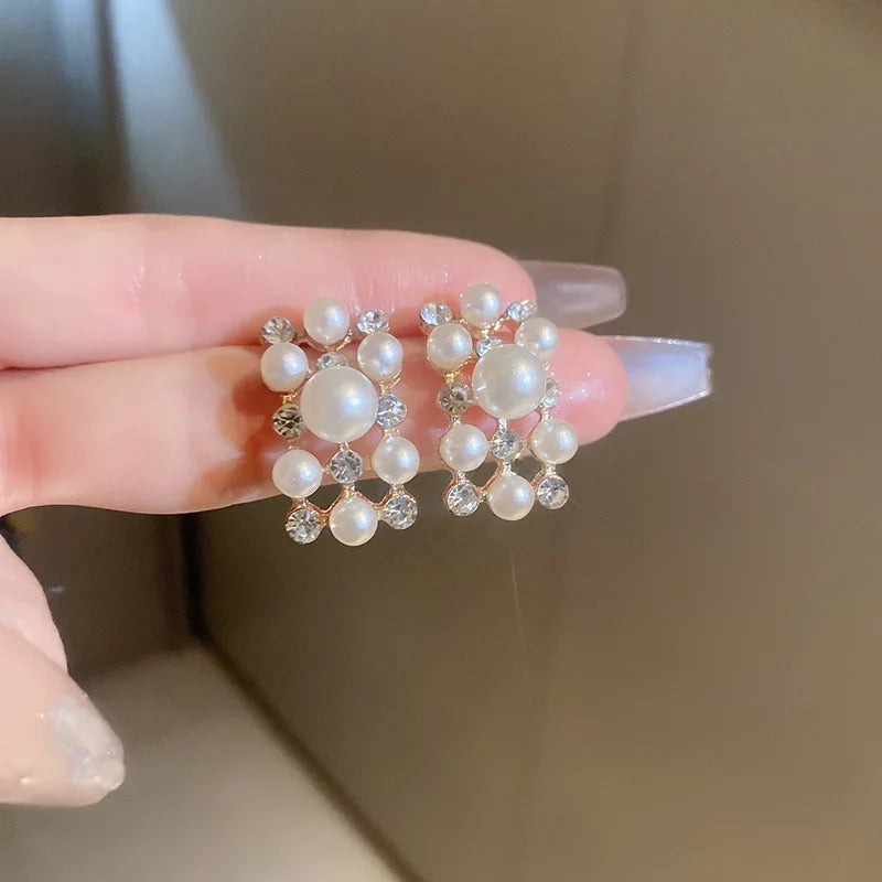 2 Pcs Imitation Pearl Rectangular Rhinestones Necklaces Stud Earrings for Women French Retro Chokers Light Luxury Jewelry Sets