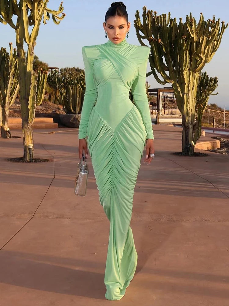 New Style Maxi Dress Women Turtleneck Full Sleeve Backless Skinny Stretch  Prom Party Ruched Elegant Vestidos